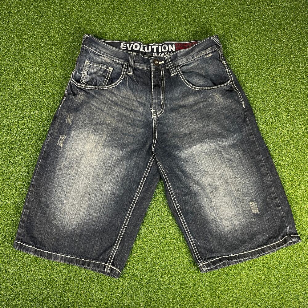 Vintage Y2K Evolution In Design Black Stone Wash Denim Baggy Jean Shorts Sz 34